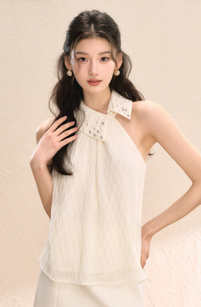 White Irregular Design Sleeveless Halter Neck Shirt OSH0053