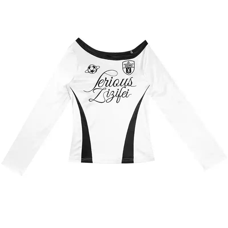 American Retro Sporty Design One-Shoulder Jersey Style Long-Sleeved Top ZIZ0154