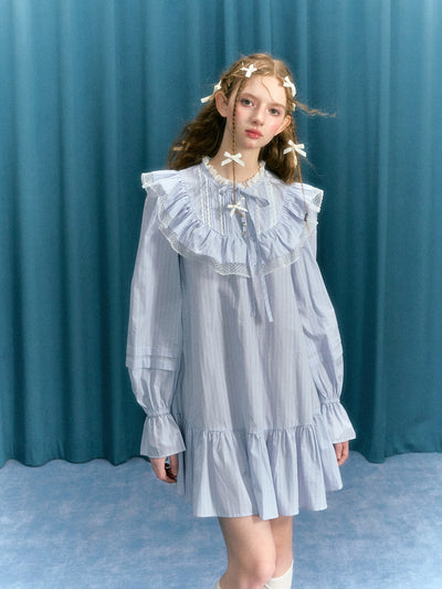 Blue Vertical Stripes Bow Ruffled Stand Collar Lace Long Sleeve Dress NAR0045