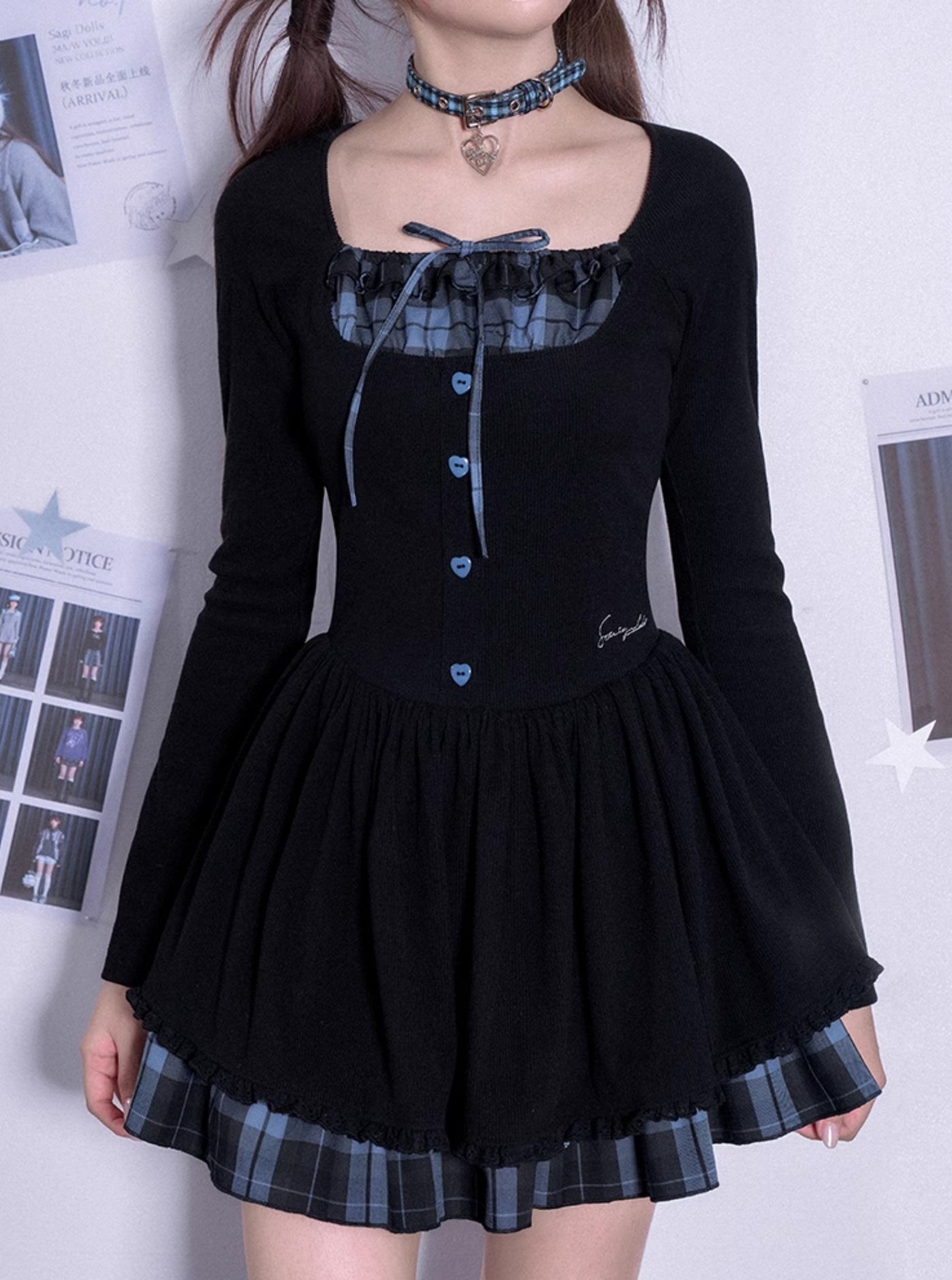 Blue Black Grid Knitted Cake Dress SAG0219