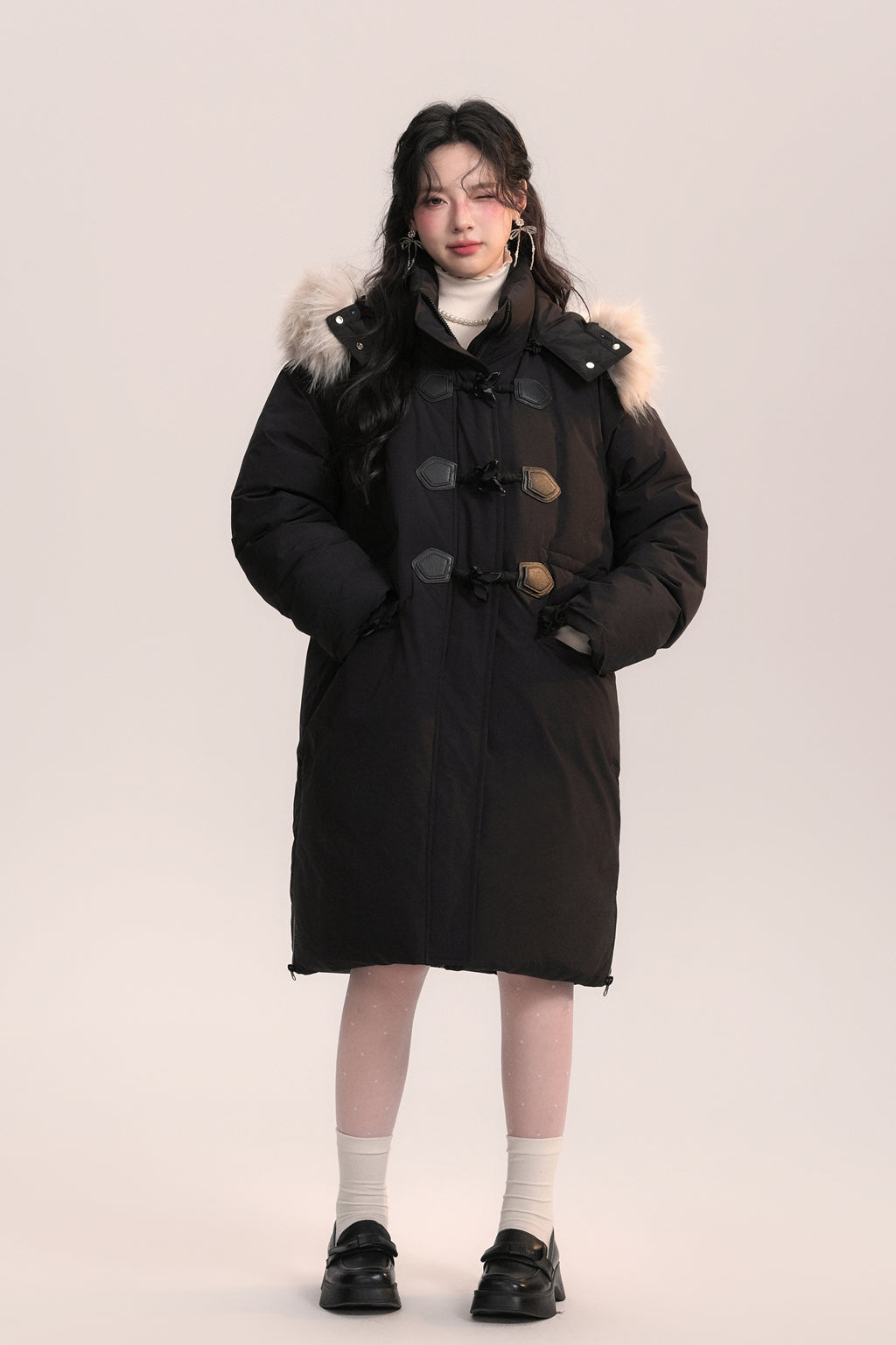 Bow-knot Fur Collar Lace Pocket Long Coat AOO0045