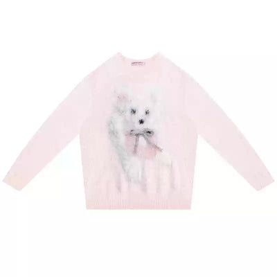 Ribbon Plush Dog Design Mohair Knit Top ZIZ0210