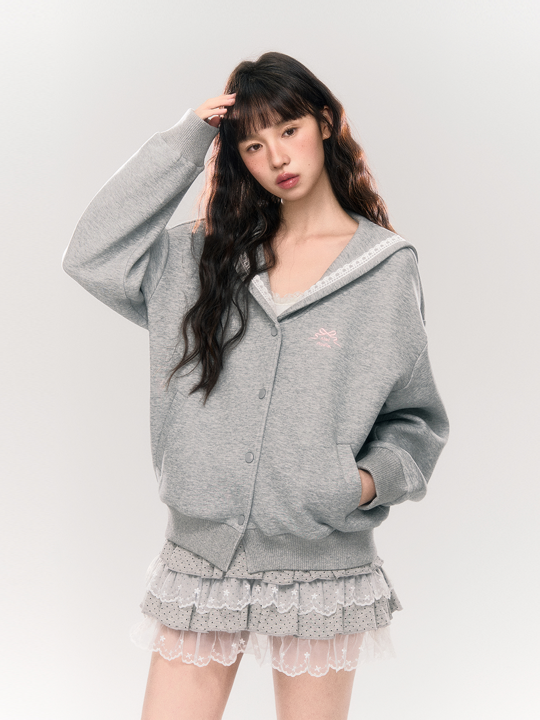 Lace Navy Collar Gray Sweatshirt Cardigan NTO0173