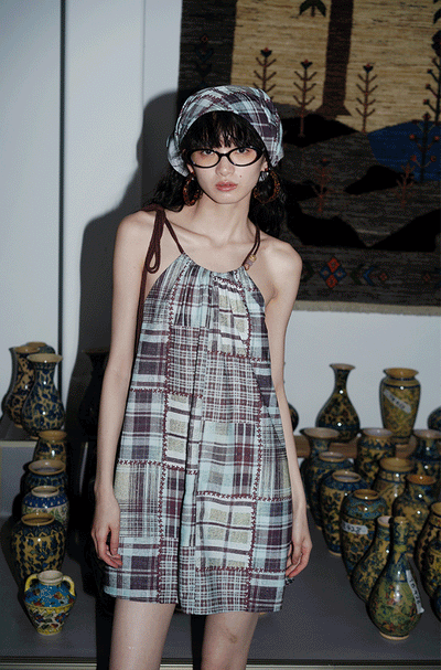 Retro Print Halter Neck Cotton Rope Short Suspender Dress BAD0028