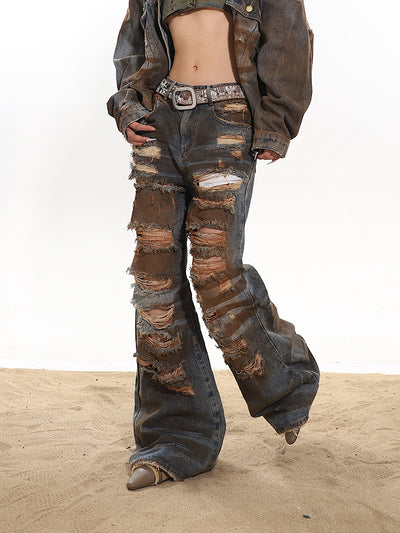 Damaged and stained flared wide denim pants UNC0114