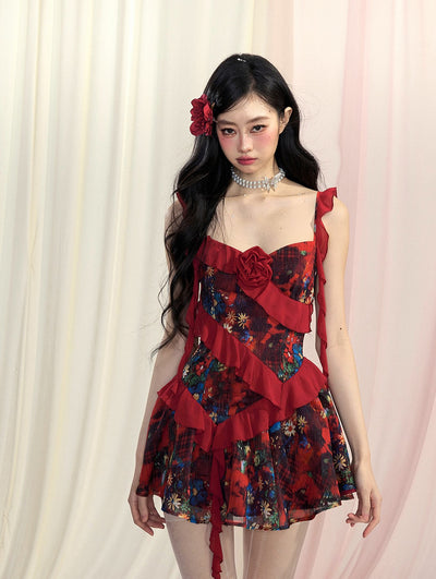 Floral Puffy Suspender Dress DIA0427