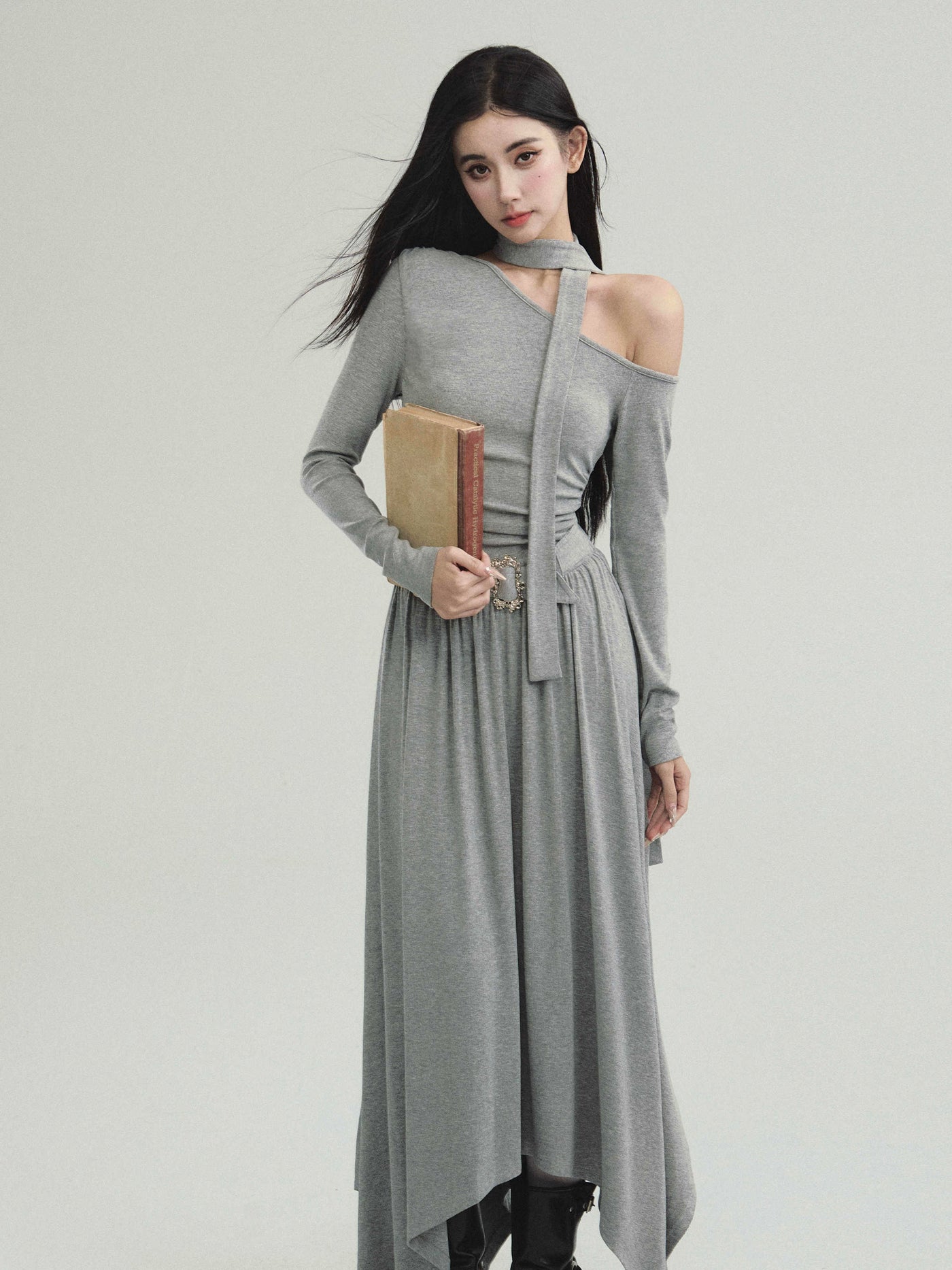 One Shoulder Waist Belt Round Hem Knit Dress FRA0212