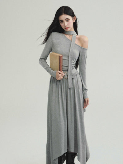 One Shoulder Waist Belt Round Hem Knit Dress FRA0212