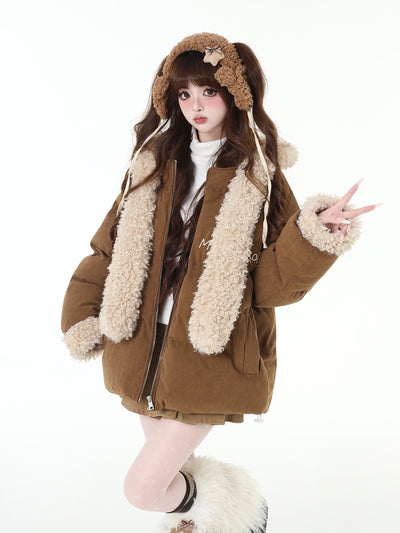 American Retro Sweet Corduroy Long Boa Hooded Thick Jacket CRA0095