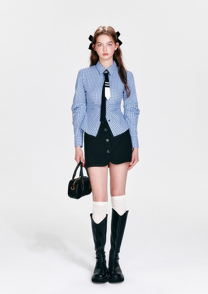 Blue Plaid Waist Shirt/Decorative Button Skirt/Vest BOH0060