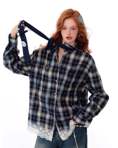 American Design Lace Splicing Plaid Loose Blue Plaid Shirt ZIZ0171