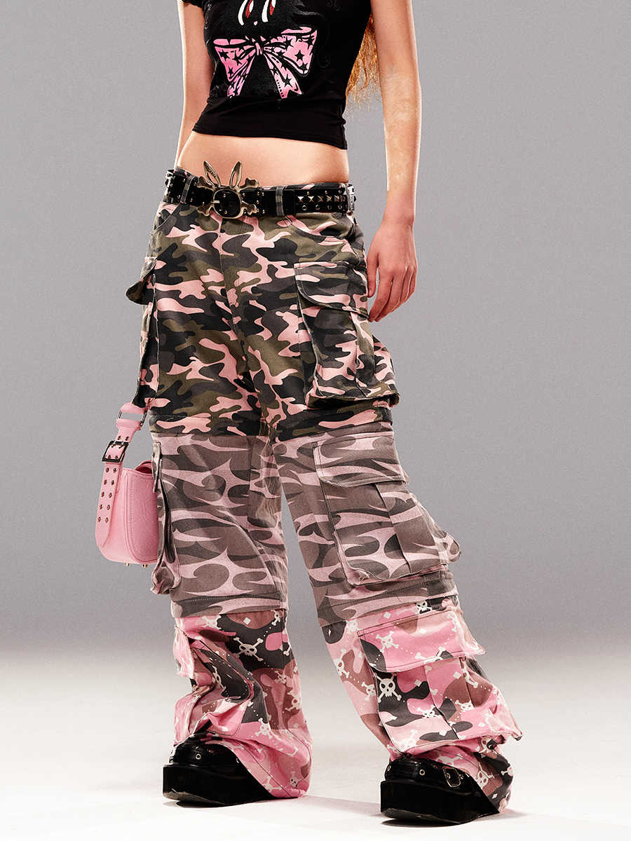 Pink camouflage print detachable jeans CFI0036