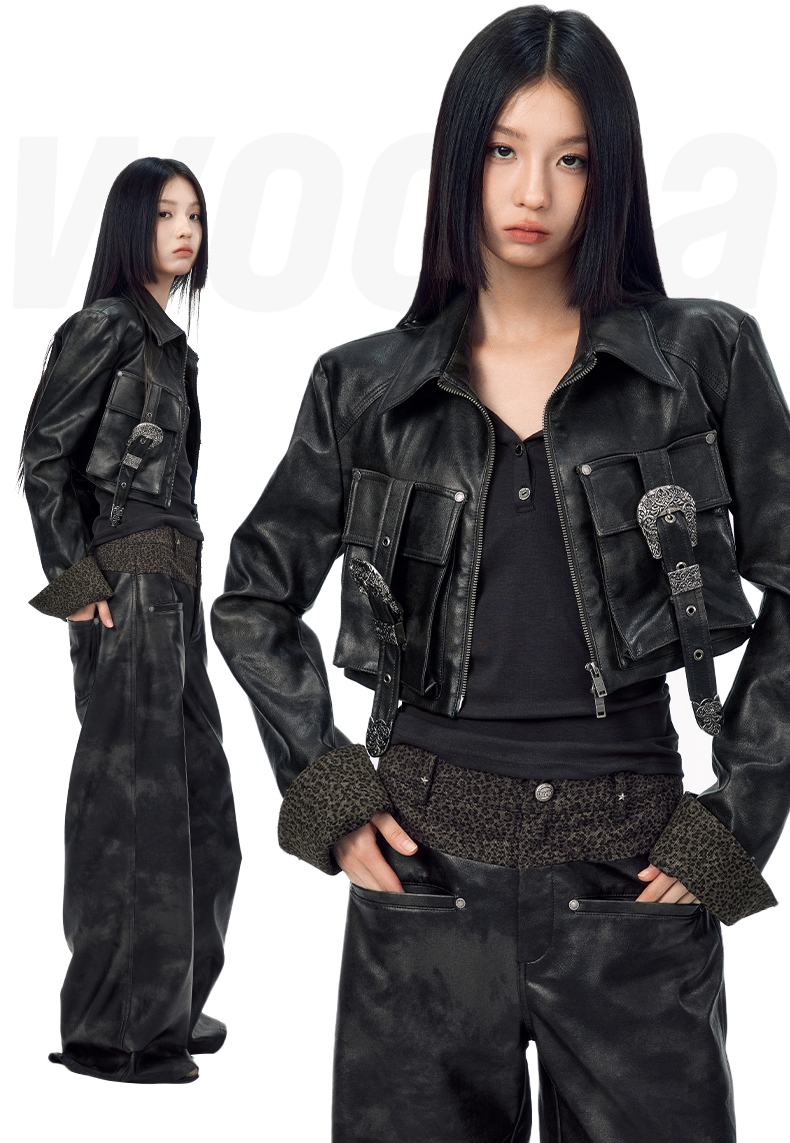 Short length leather motorcycle jacket with belt pocket design WOO0114