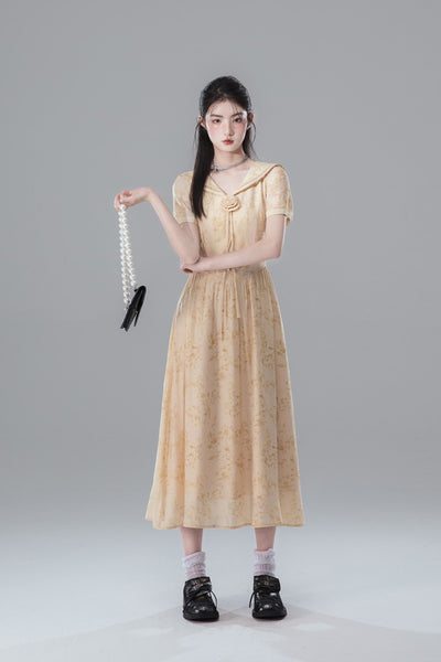 Fallen Leaves Apricot Yellow Atmosphere Short-sleeved Dress COT0133