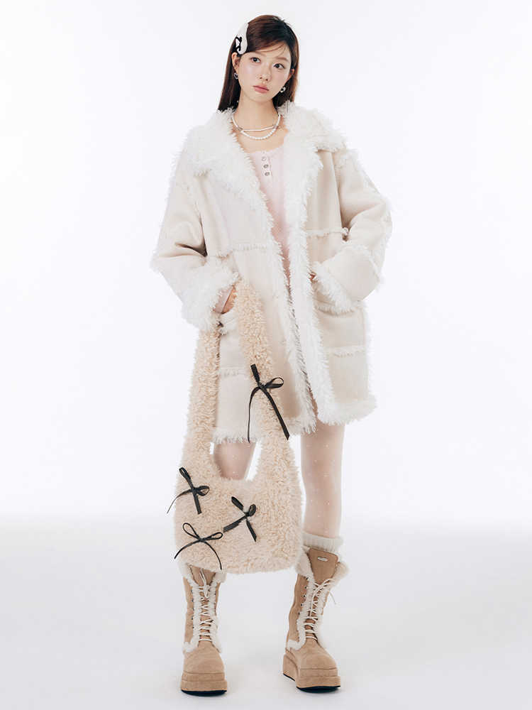 Eco-fur stitch mid-length suede coat LAC0246