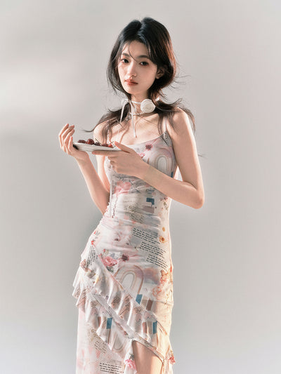 Flower Retro Print Ruffle Slit Slim Dress YOO0037