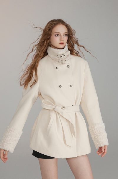 Velvet Thickened Splicing Woolen Coat VIA0203