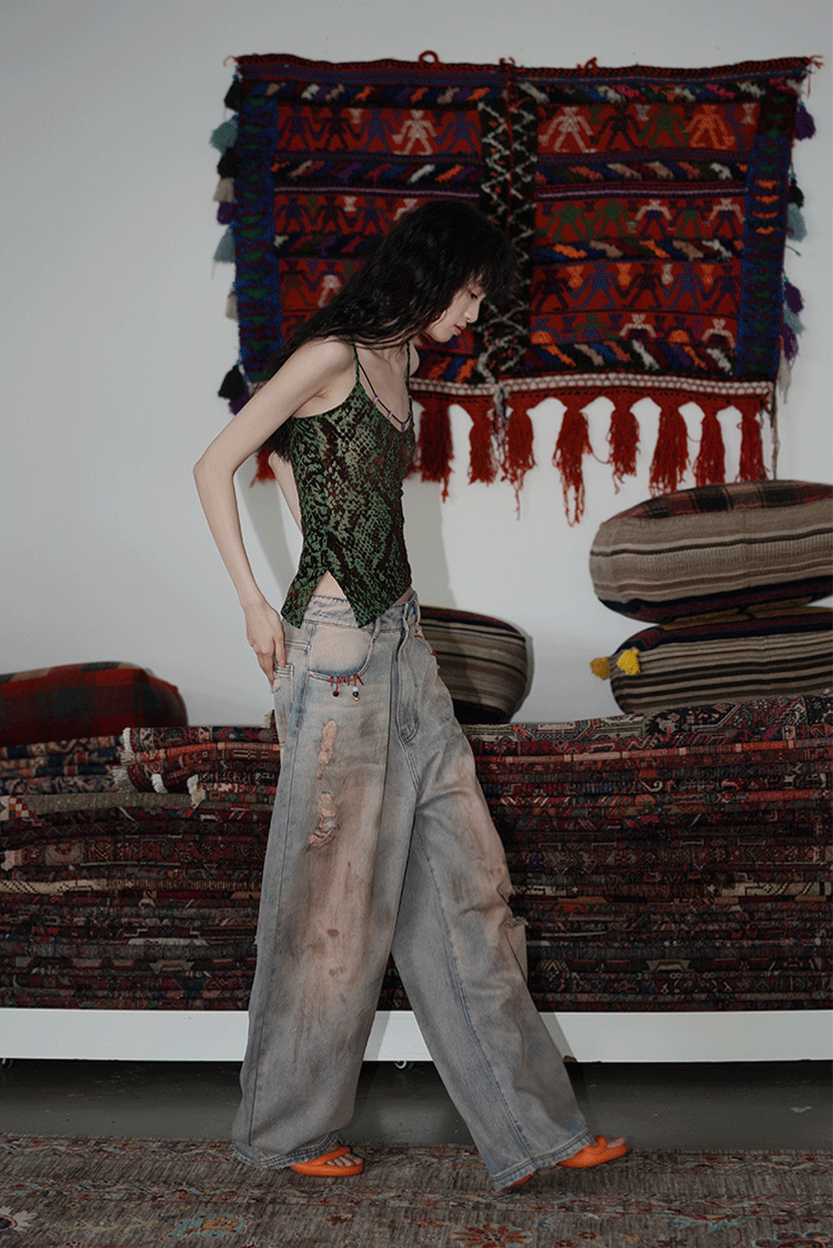 Ripped Floor-Mopping Wide-Leg Jeans BAD0017