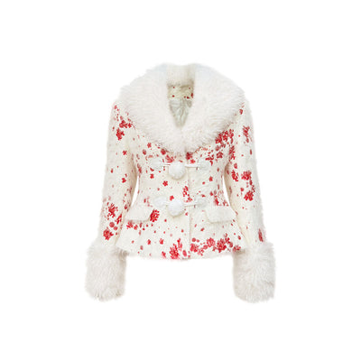 Gorgeous Fur Collar Fluffy Button Red Speckled Pattern Jacket and Skirt NAR0032
