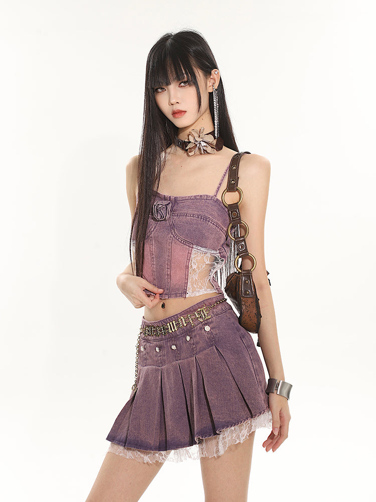 Rose Motif Side Lace Design Denim Camisole & Lace Pleated Hem Skirt UNC0084