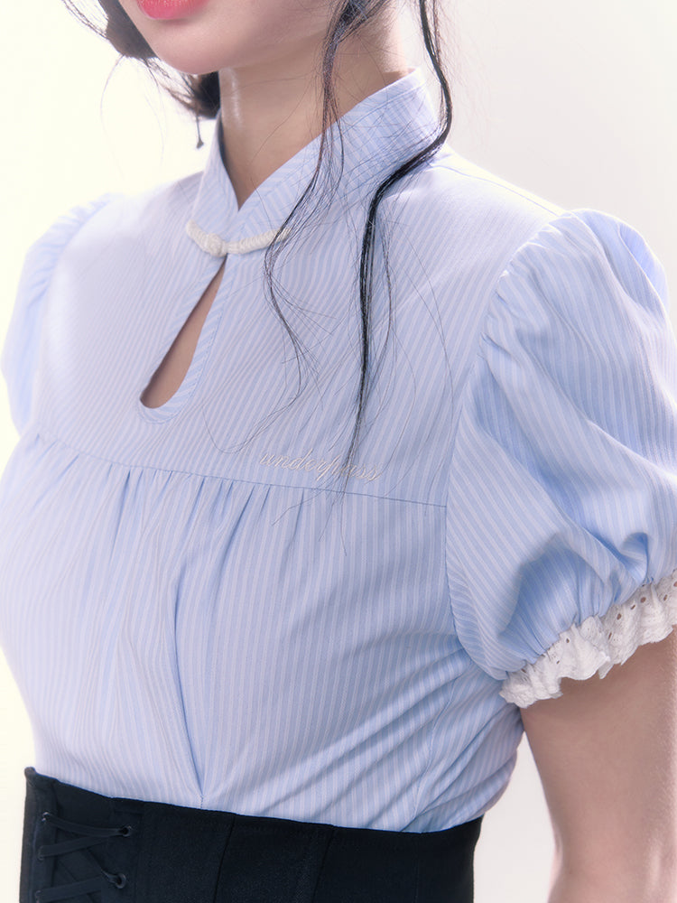 Chinese Puff Sleeve Stripe Blouse & High Waist Cross Strap A-Line Skirt UND0053