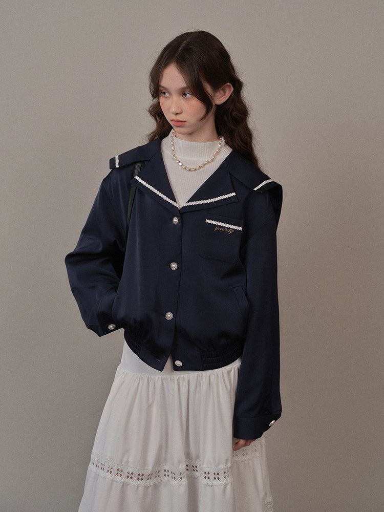 Navy hem gathered loose sailor button jacket YOO0068