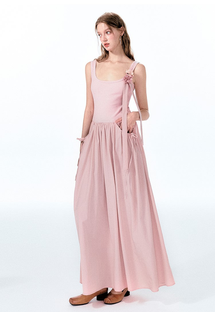 Pink Knitted Splicing Sleeveless Vest Dress BOH0046