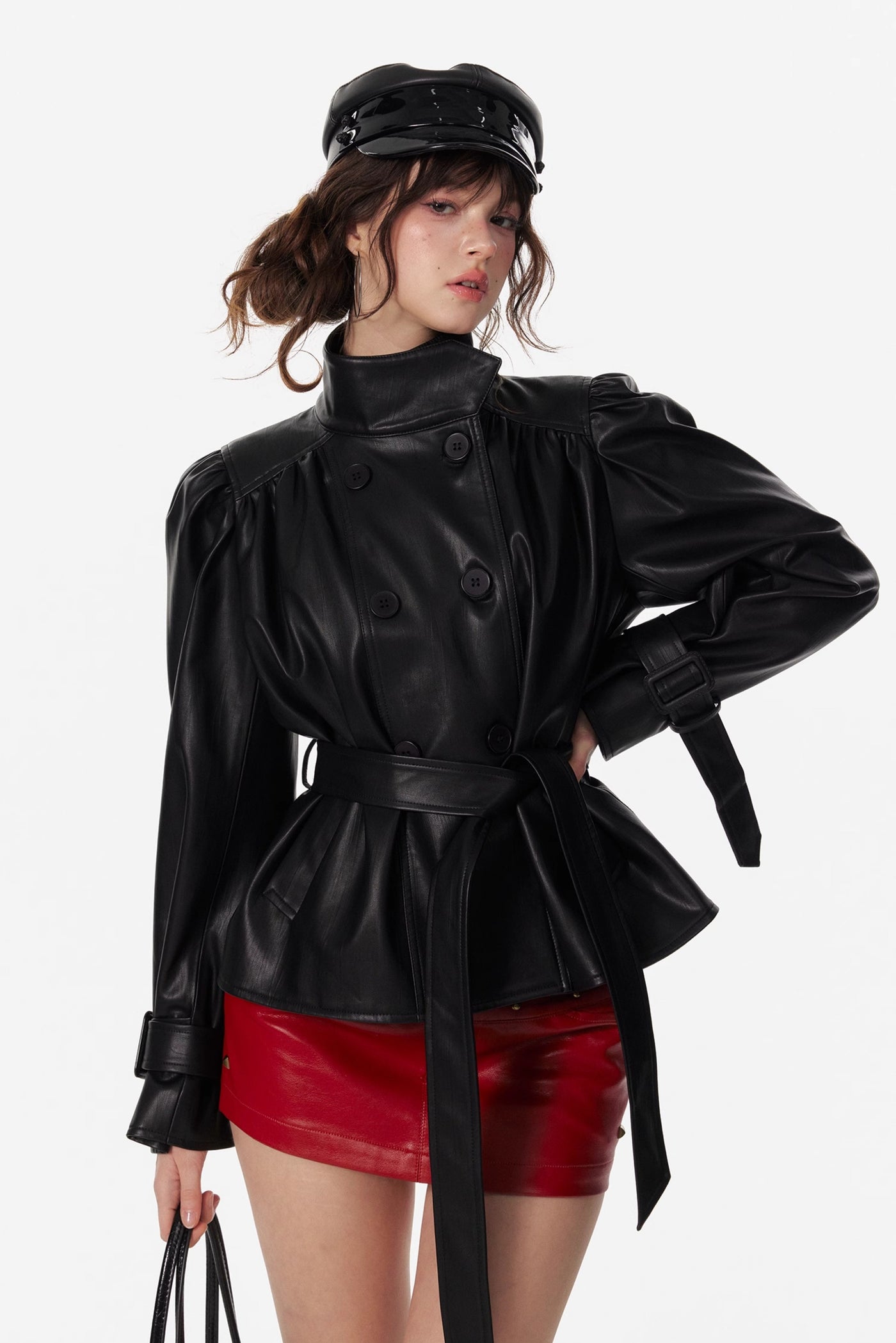 Pleated Stand Collar Black Leather Jacket 4MU0091