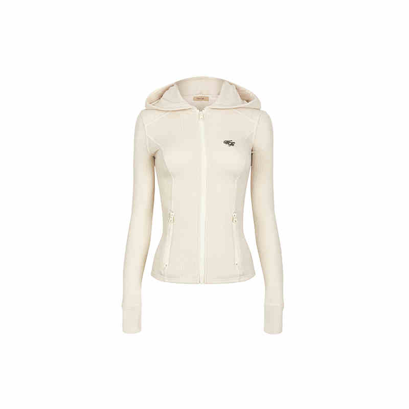 Slim Hoodie Top with Ribbed Knit Zip Design WOO0123