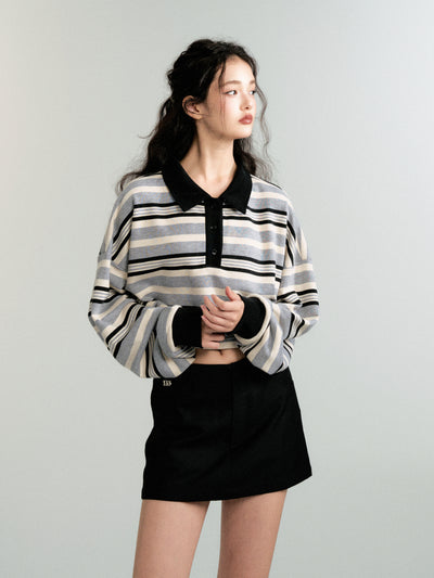 Contrast color striped long sleeve polo top LUL0085