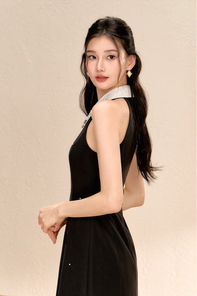 Halter Neck Waist Slimming A-line Black Dress OSH0056