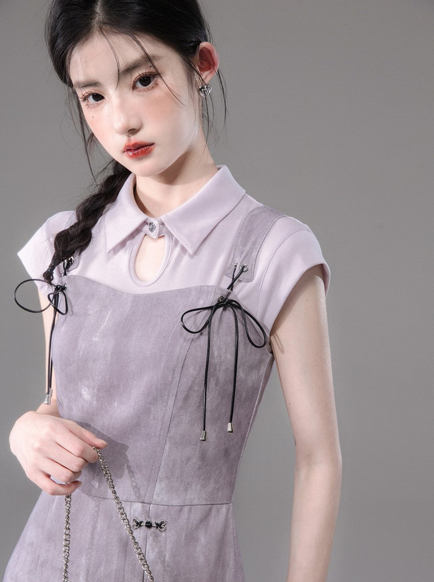 Plum Purple Tencel Shirt/Tie-Dye Printed Suspender Dress COT0131