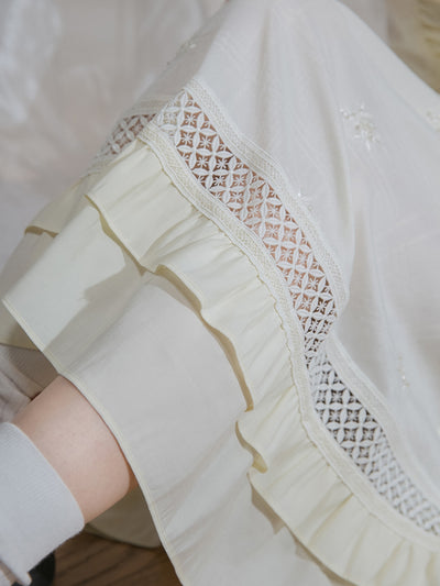 Flared Sleeve Hem Ruffle Lace Gathered Long Dress COT0113