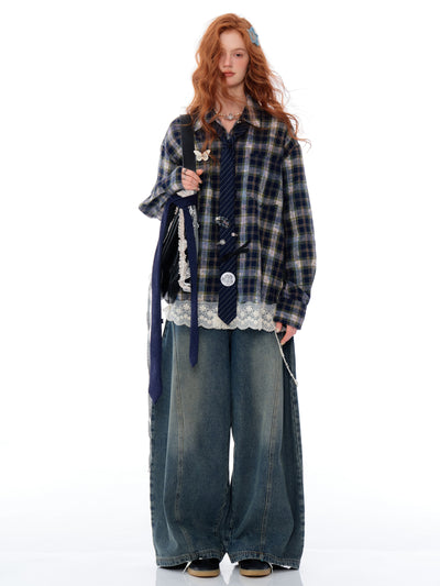 American Design Lace Splicing Plaid Loose Blue Plaid Shirt ZIZ0171