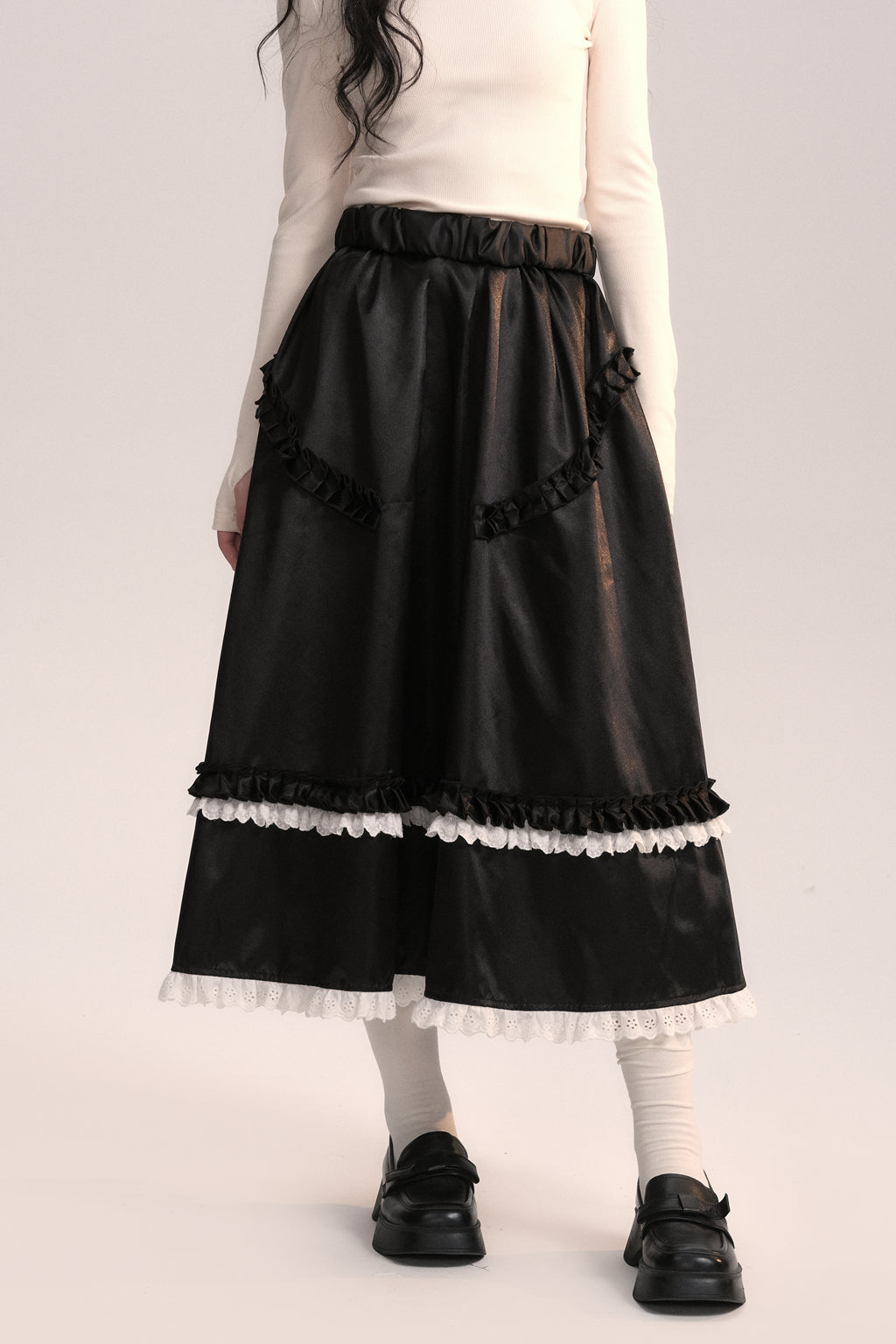 Holiday Silk Texture Contrast Color Ruffled Long Skirt AOO0043