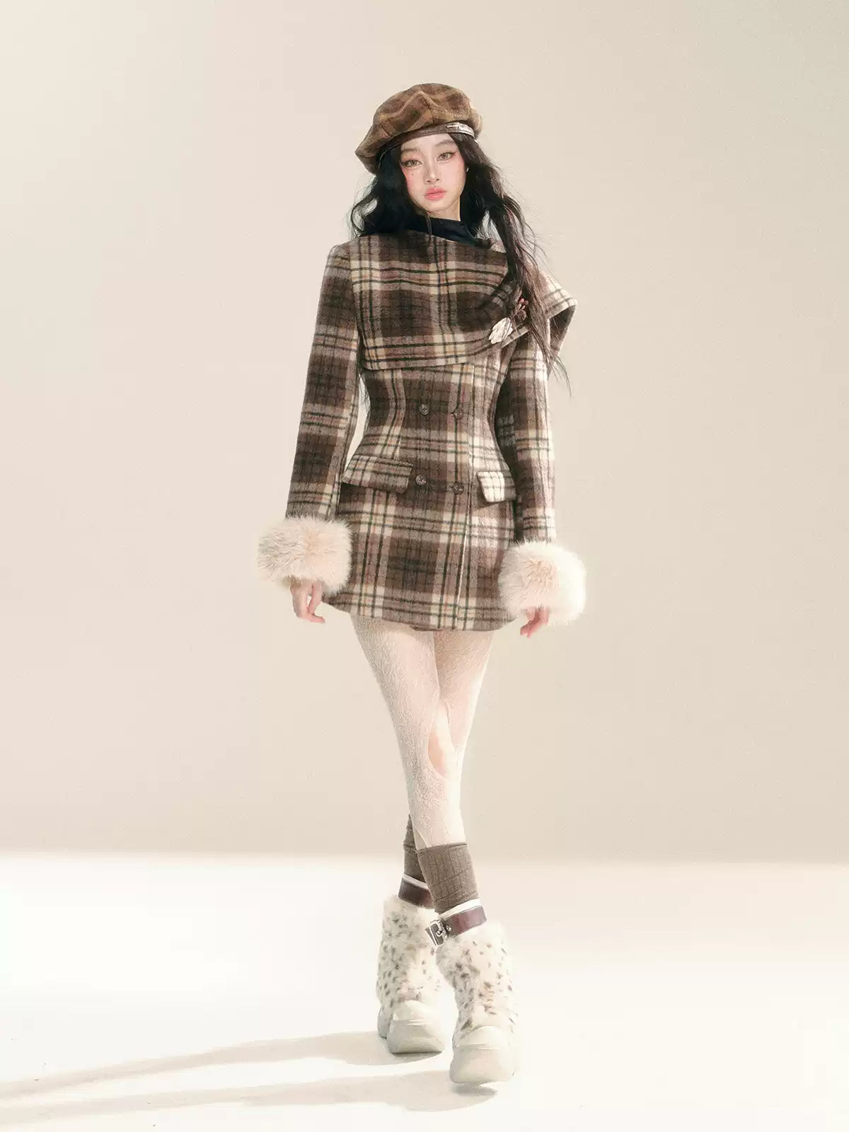 Plaid WoolenSlim Mid-Length Coat DIA0283