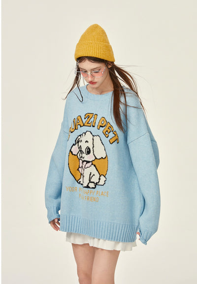 Cute Dog Blue Thick Loose Knitted Sweater GIF0068