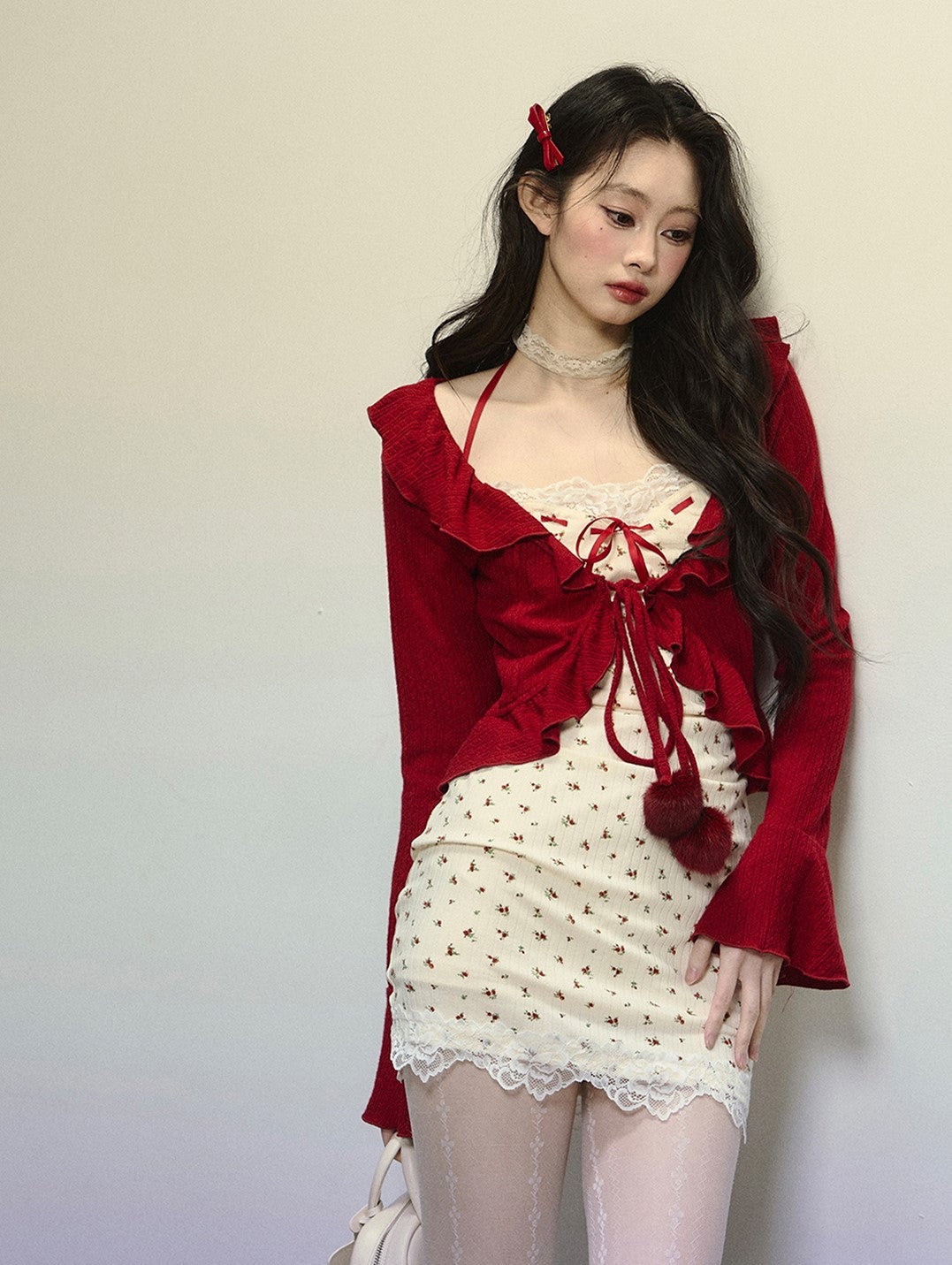 Cherry Lace Dress/Red Cardigan DIA0332