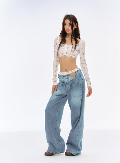 Low Waist Washed Wide Leg Jeans CUR0194