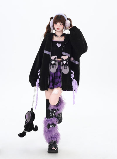 Purple ribbon design thick cotton loose jacket with bear ears hood CRA0089