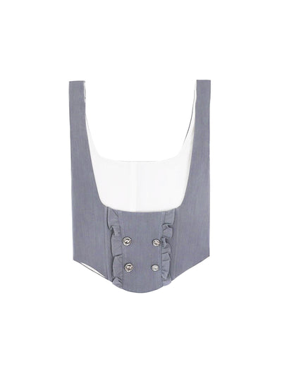 Idol-style striped ruffle shirt & gray vest & big ribbon pleated skirt SER0021