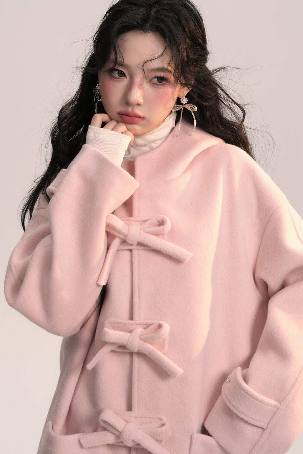 First Love Pink Bow Woolen Coat AOO0041