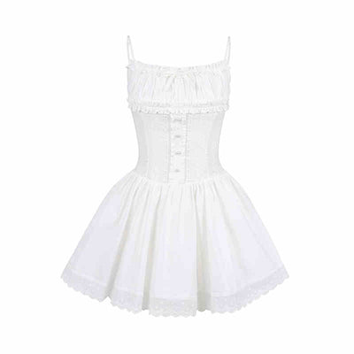 Pearl and ribbon design ruffle lace camisole girly dress & lace short rib cardigan REC0035