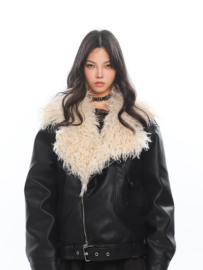 Fur Lapel Windproof Loose Leather Jacket UNC0219