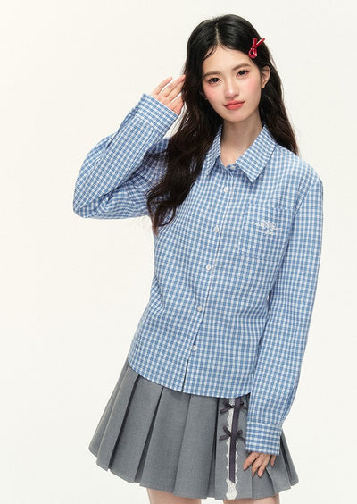 Multi-color Straight Shoulder Plaid Bow Embroidery Long-sleeved Shirt NTO0119