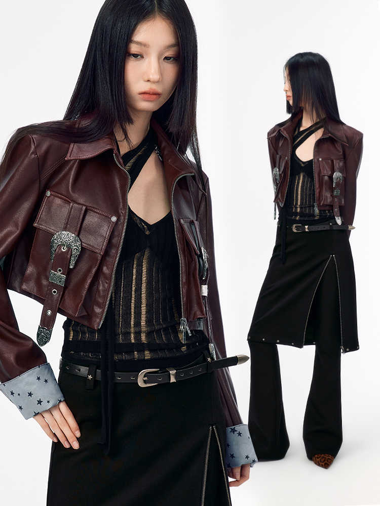 Short length leather motorcycle jacket with belt pocket design WOO0114