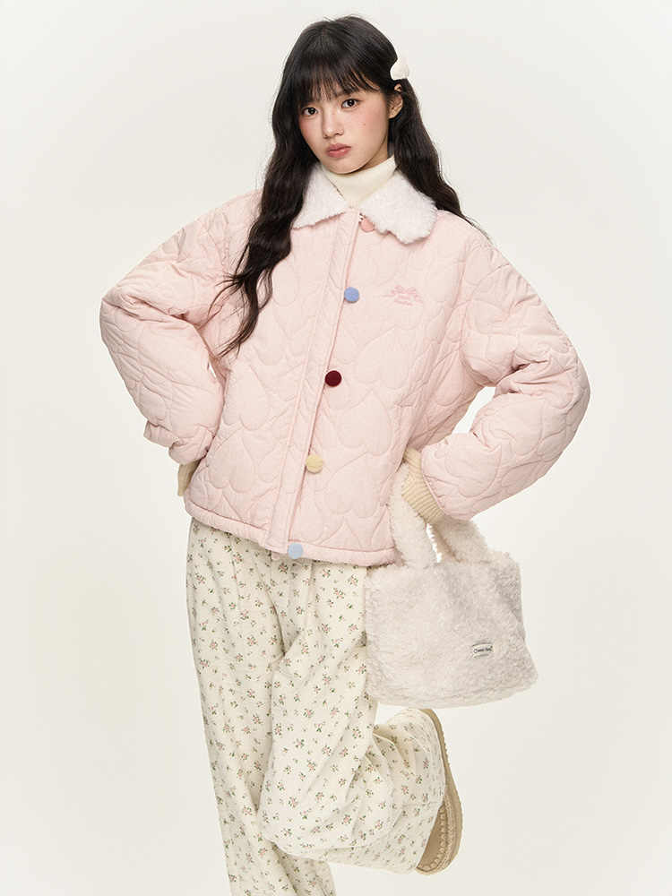 Colorful Button Fur Collar Quilted Jacket NTO0145