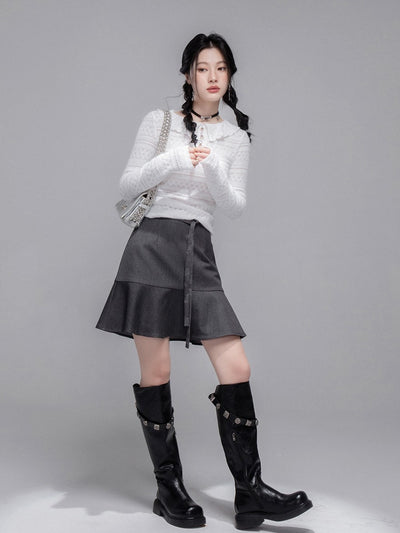 Gray Butterfly Spliced Hooded Jacket+Skirt COT0353