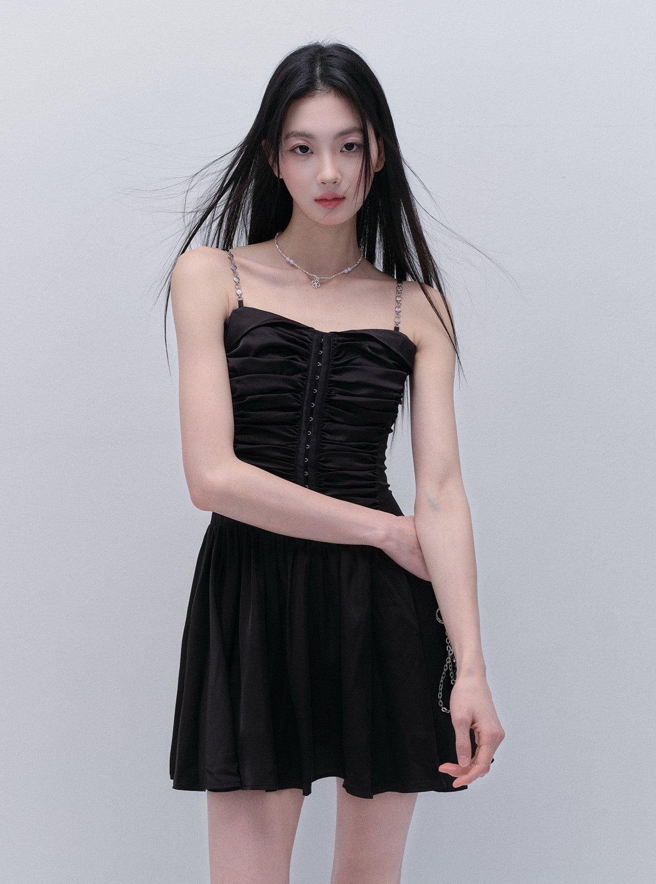 Chain Satin Pleated Suspender Dress FRA0279