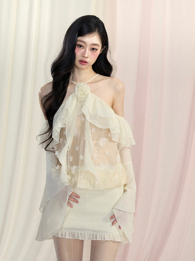 크림 퍼프 얇은 명주 그물 홀터 넥 드레스 DIA0437